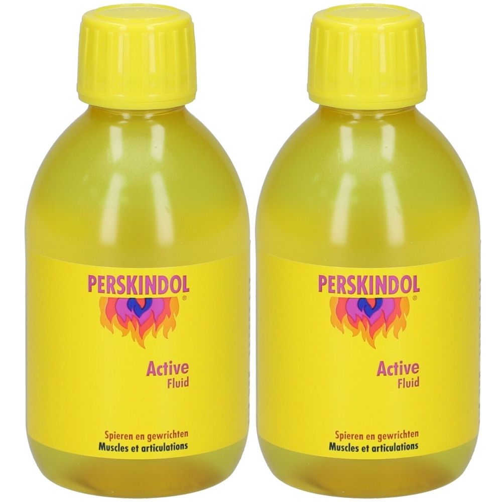 Deux flacons jaunes PERSKINDOL Active Fluid. Étiquette avec nom du produit et logo flamme. Bouchons et flacons en plastique.