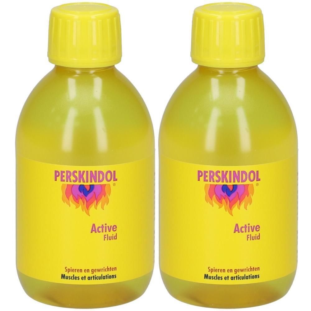 Deux flacons jaunes PERSKINDOL Active Fluid. Étiquette avec nom du produit et logo flamme. Bouchons et flacons en plastique.