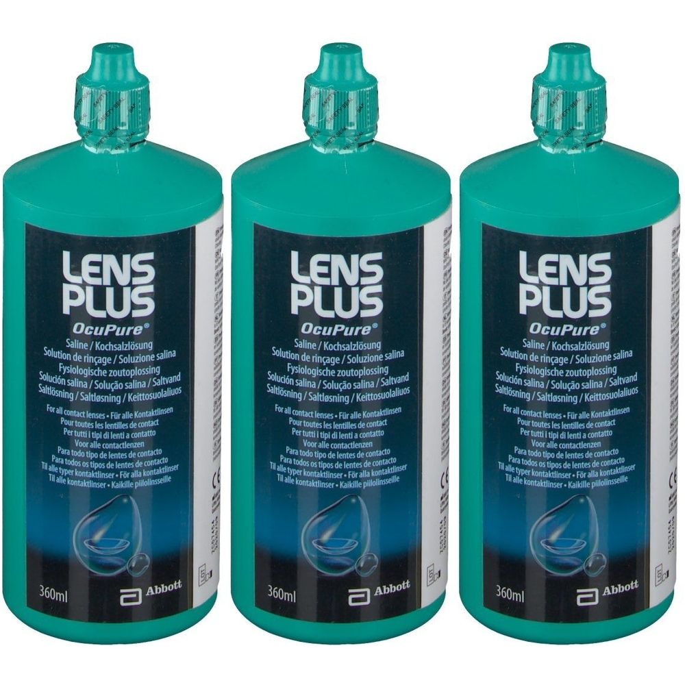 Trois flacons verts avec étiquette blanche. L'étiquette indique "LENS PLUS OcuPure". Chaque flacon a un bouchon vert et le logo Abbott.