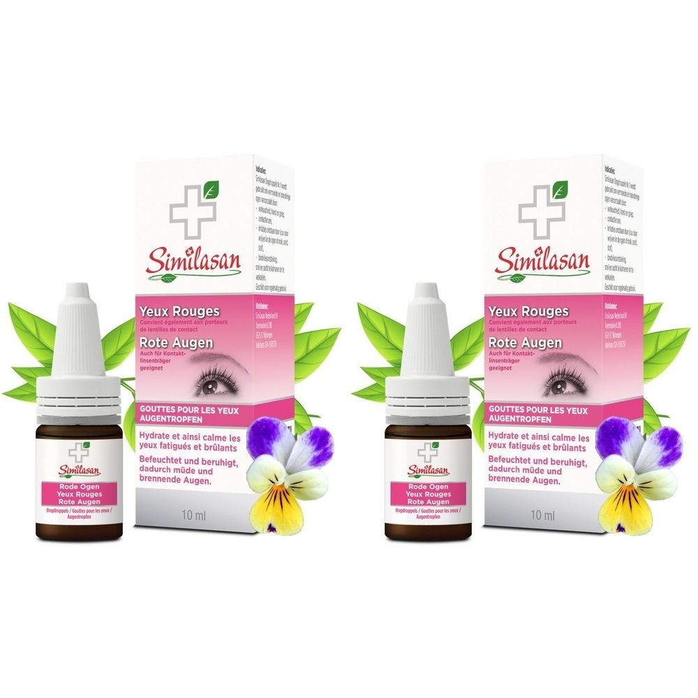 Deux flacons de gouttes ophtalmiques Similasan Yeux Rouges avec emballage. Flacons bruns, emballage blanc.