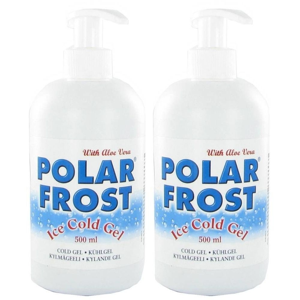 Deux flacons blancs avec pompe. Inscription POLAR FROST Ice Cold Gel, 500 ml. Avec Aloe Vera. Gel froid.