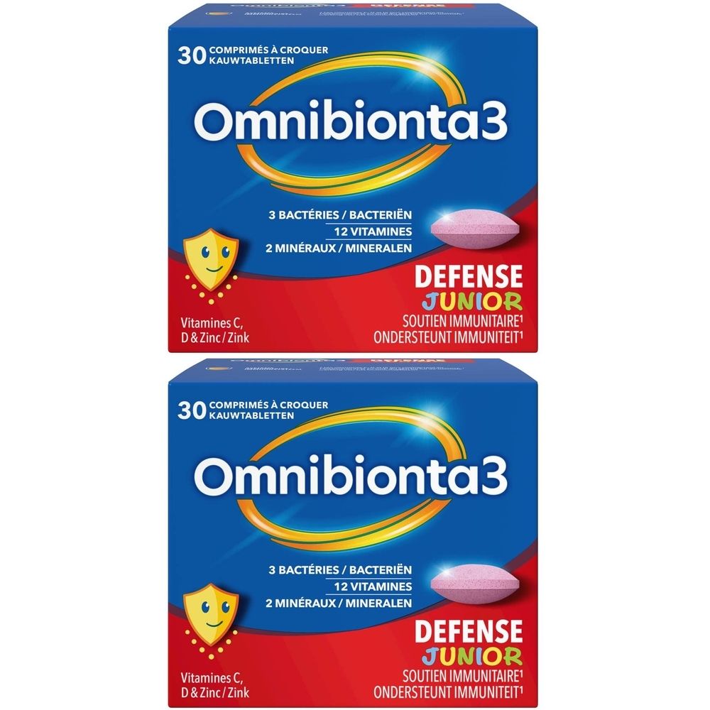 Deux boîtes Omnibionta 3 Defense Junior. Emballage bleu avec nom du produit et informations. Une tablette est visible.