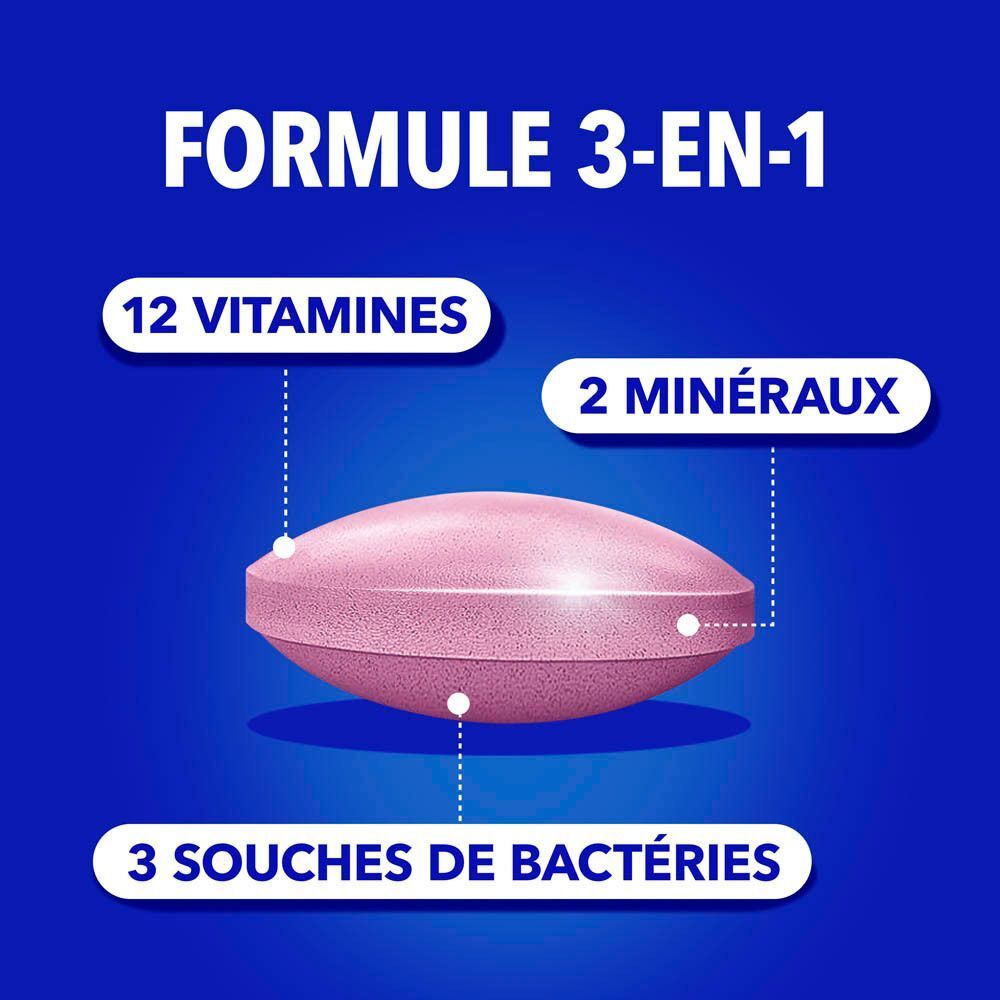 Omnibionta3 Defense Junior. Comprimé rose avec 3 bactéries, 12 vitamines et 2 minéraux. Fond bleu. Offre 1+1.