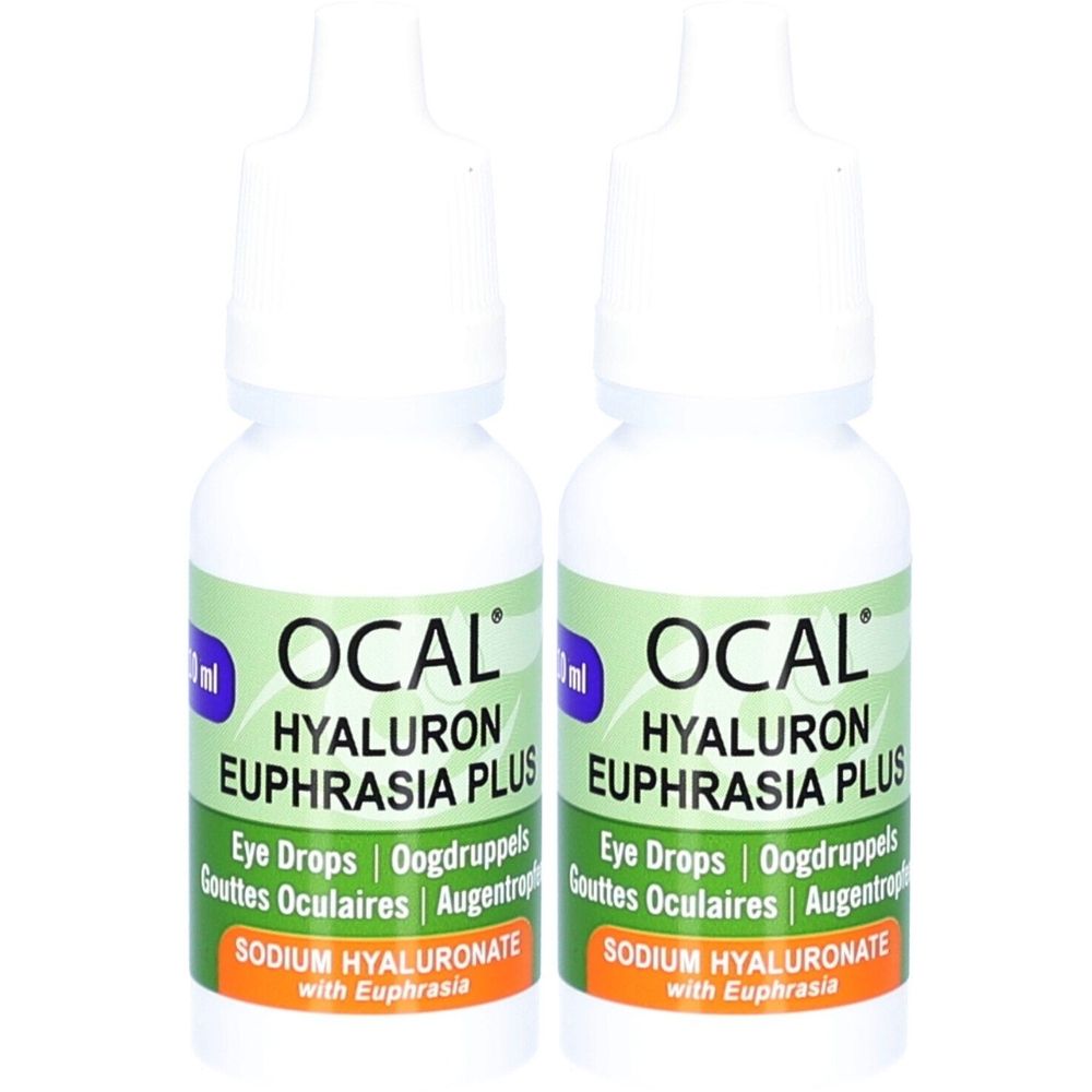 Deux flacons d'Ocal Hyaluron Euphrasia Plus. Flacons blancs avec étiquettes vertes et oranges. Texte: Eye Drops.
