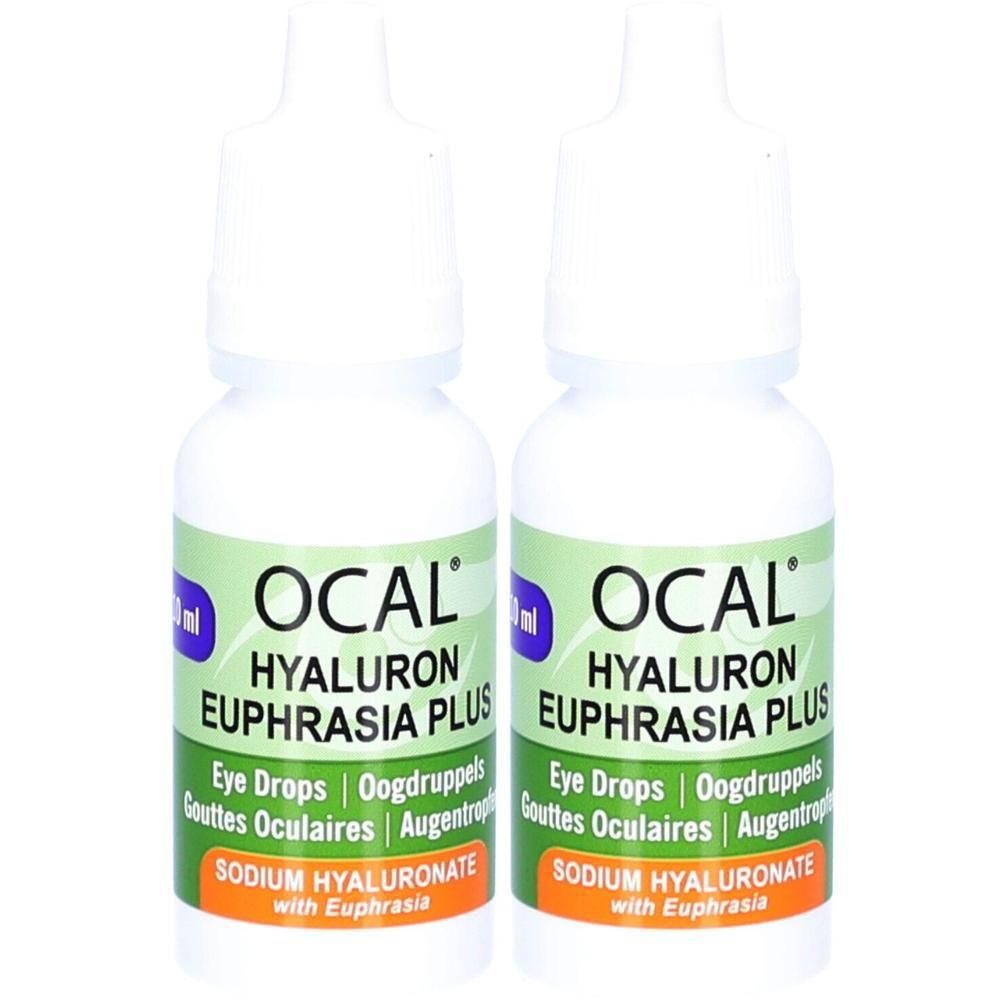 Deux flacons d'Ocal Hyaluron Euphrasia Plus. Flacons blancs avec étiquettes vertes et oranges. Texte: Eye Drops.