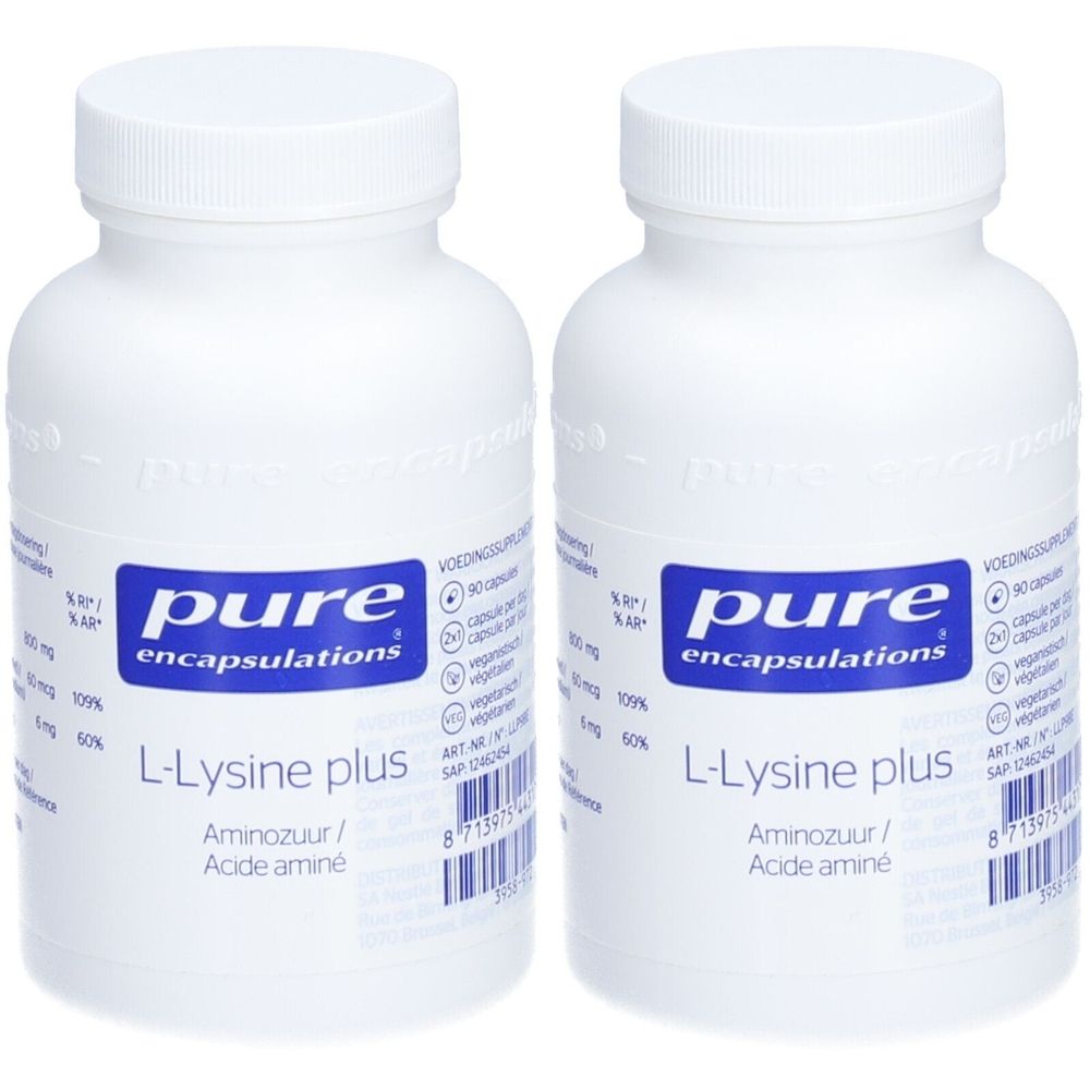 Deux flacons blancs avec étiquette. Inscription: pure encapsulations® L-Lysine plus. Capsules.