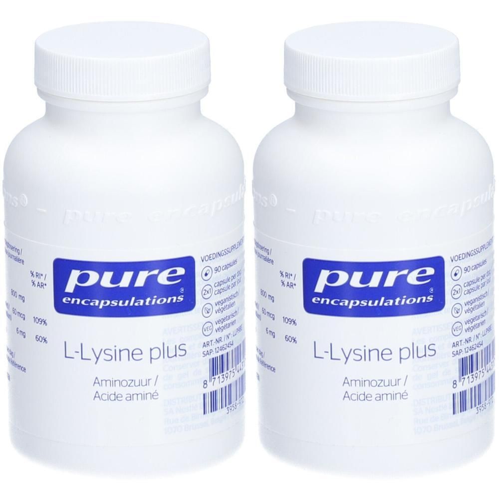 Deux flacons blancs avec étiquette. Inscription: pure encapsulations® L-Lysine plus. Capsules.