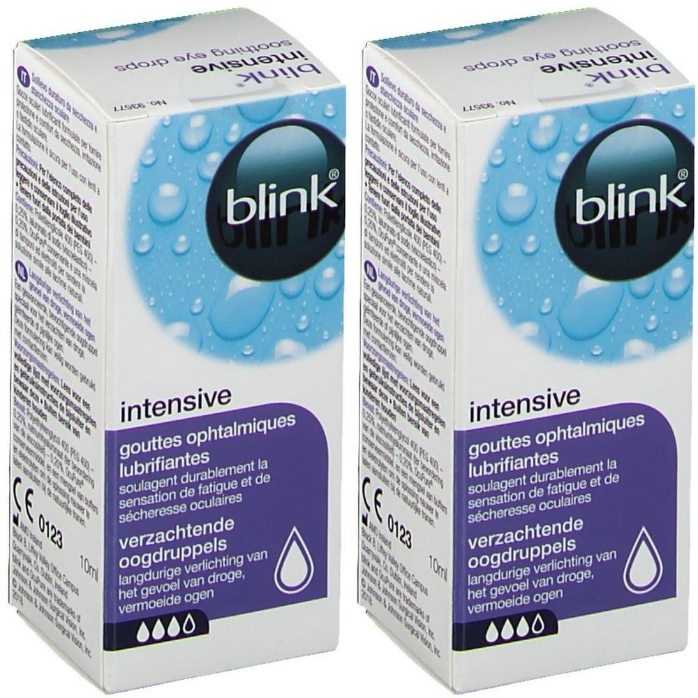 Deux boîtes de Blink Intensive Tears. Emballage blanc avec fond bleu et nom du produit. Contient des gouttes pour les yeux secs.