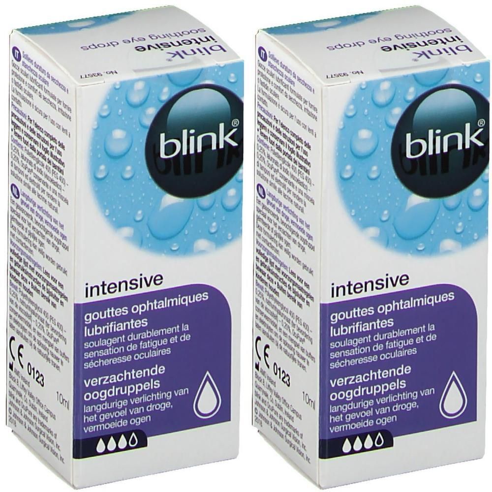 Deux boîtes de Blink Intensive Tears. Emballage blanc avec fond bleu et nom du produit. Contient des gouttes pour les yeux secs.