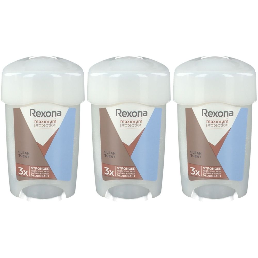 Trois déodorants roll-on avec bouchon blanc. Inscription: Rexona, maximum protection, Clean Scent, 3x Stronger. Design bleu-brun.