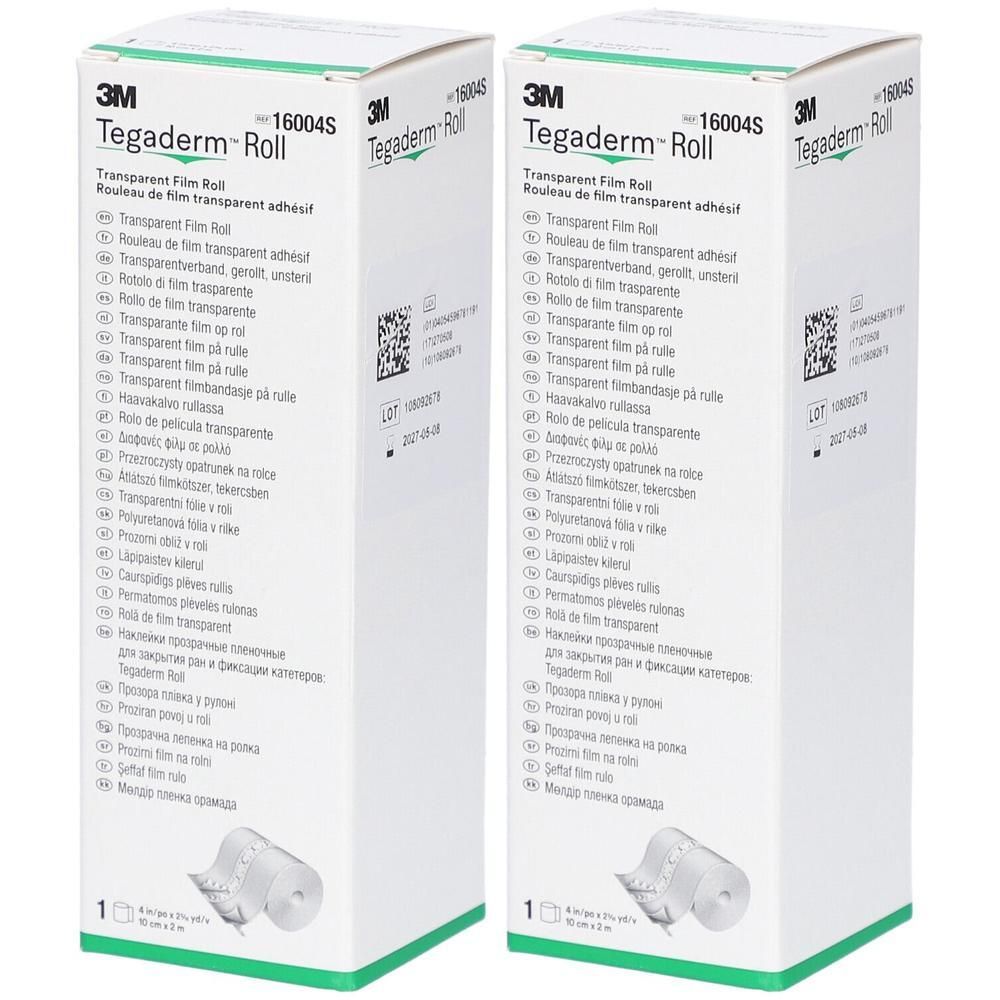 Deux boîtes blanches. Inscription: 3M Tegaderm Roll, film transparent en rouleau. Avec illustration du produit et texte multilingue.