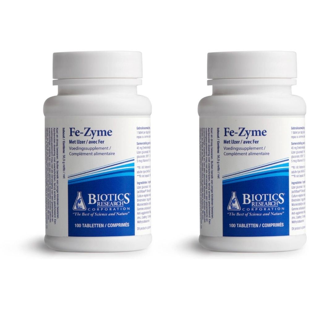 Deux flacons blancs avec bouchon à vis. Inscription: Fe-Zyme, Biotics Research Corporation. 100 comprimés.