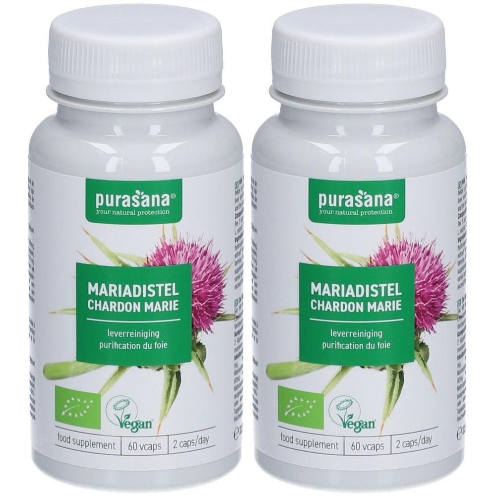 Deux flacons blancs avec étiquettes. Inscription : Chardon Marie, vegan, 60 gélules, 2 gélules/jour.