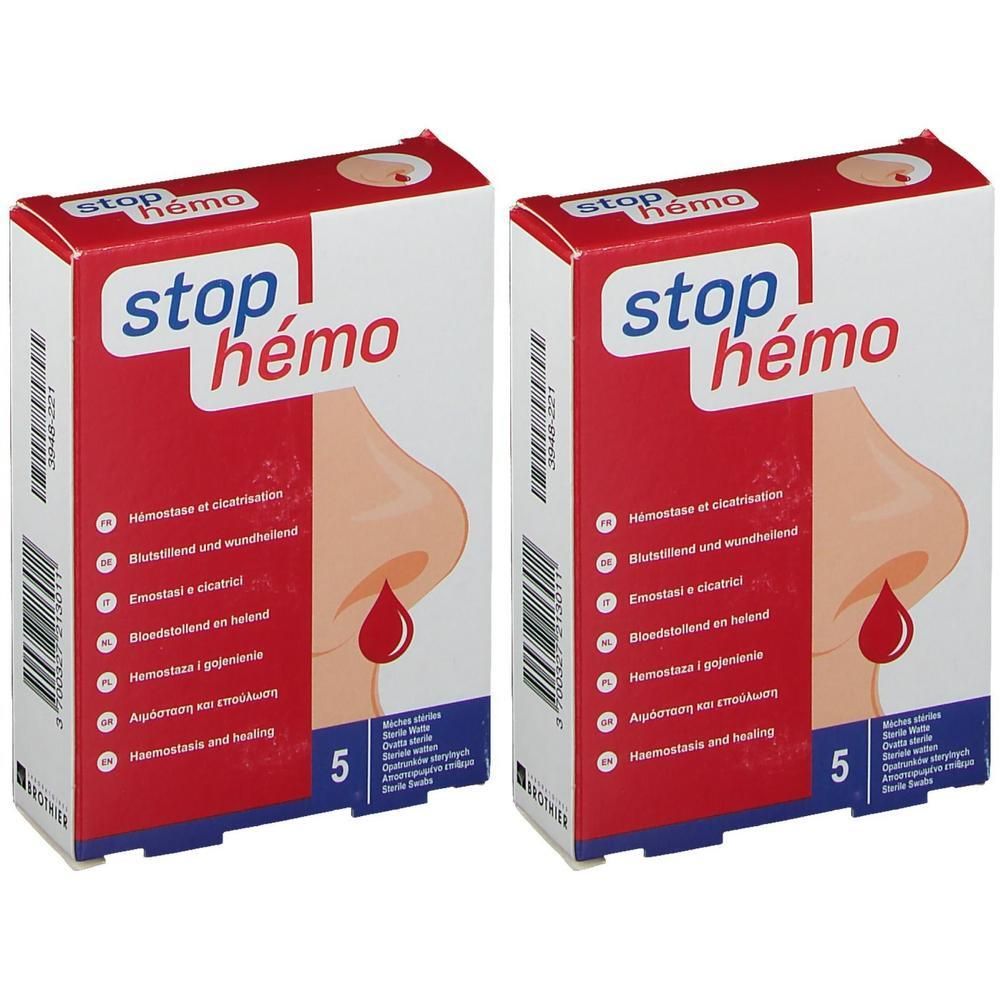 Deux boîtes Stop Hémo. Emballage rouge et blanc avec illustration de nez et nom du produit. Contient 5 unités.