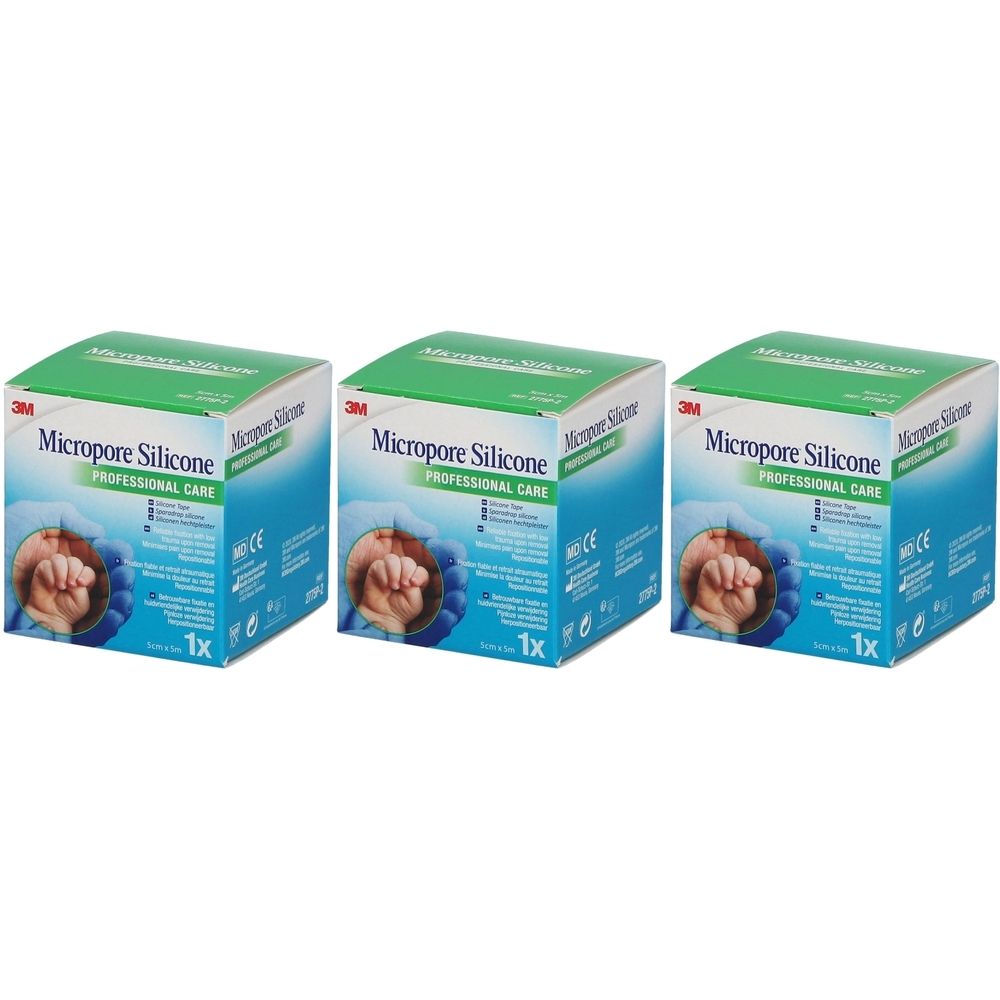Trois boîtes de 3M Micropore Silicone. Emballage vert et blanc avec nom et logo du produit. Marquage CE. Une main est représentée.