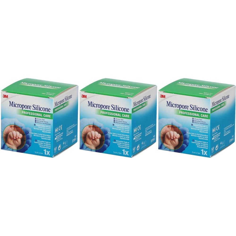 Trois boîtes carrées 3M Micropore Silicone. Emballage bleu et vert avec logo produit et marquage CE.