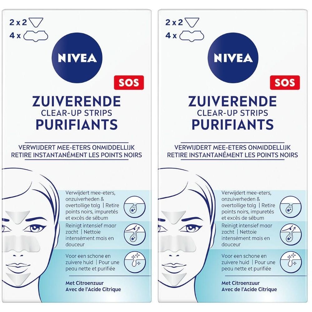 Deux paquets de NIVEA Clear-Up Strips. Emballage blanc avec nom du produit et illustration d'un visage.