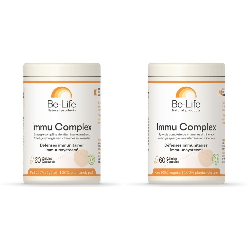 Deux boîtes blanches avec étiquettes. Inscription : Be-Life Immu Complex, 60 gélules. Logo orange.