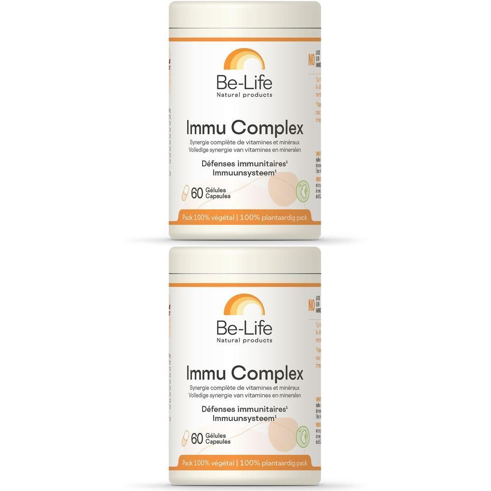 Deux boîtes blanches avec étiquettes. Inscription : Be-Life Immu Complex, 60 gélules. Logo orange.