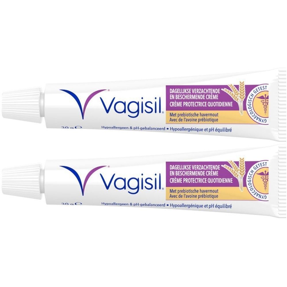 Deux tubes de Vagisil Crème Protectrice Quotidienne. Tubes blancs avec logo violet et texte. Testé gynécologiquement.