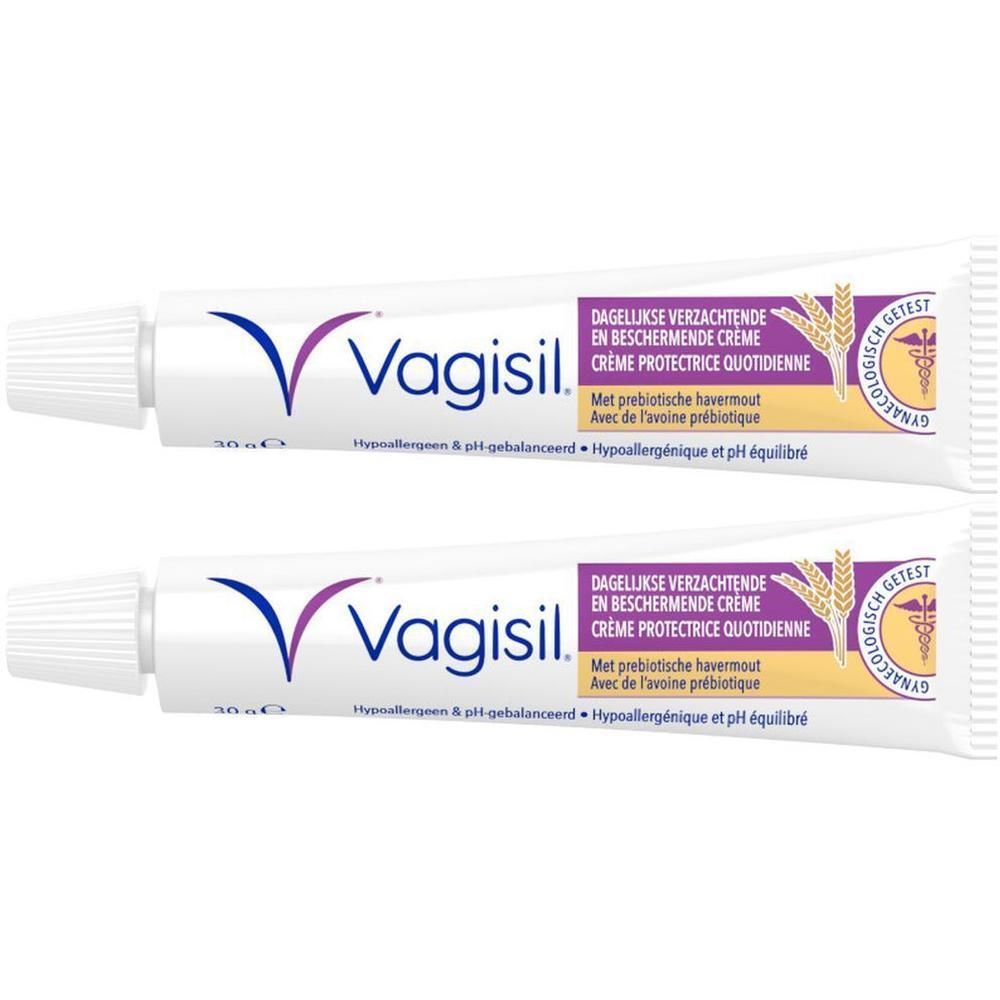 Deux tubes de Vagisil Crème Protectrice Quotidienne. Tubes blancs avec logo violet et texte. Testé gynécologiquement.