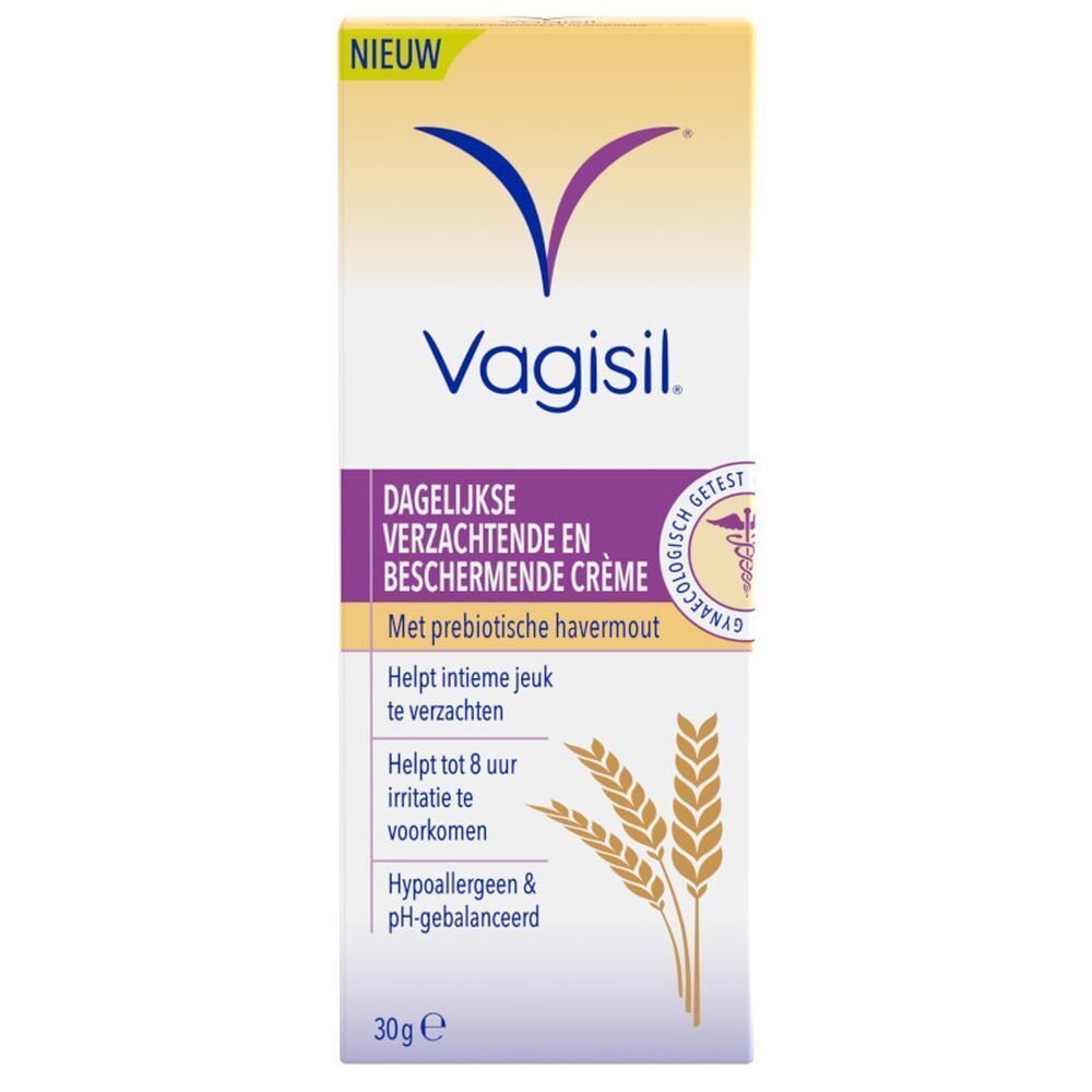 Vagisil Crème Protectrice Quotidienne en emballage carton. Jaune et blanc avec logo et texte. Testé gynécologiquement.