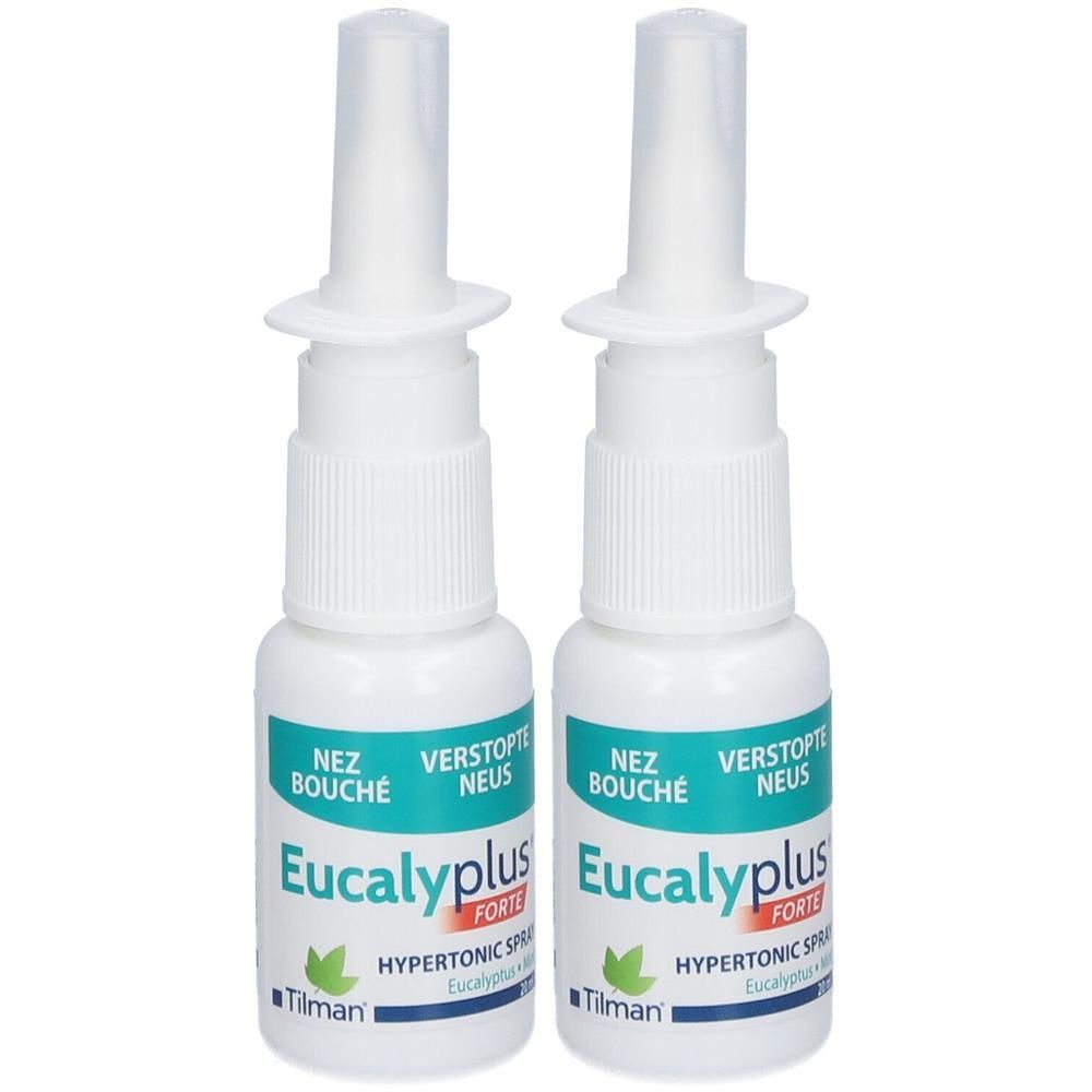 Deux sprays nasaux blancs avec embout. Inscription: Eucalyplus FORTE, Nez bouché, Verstopfte neus.