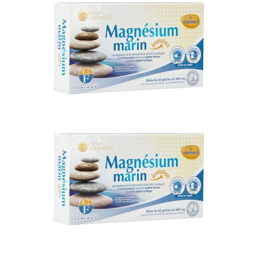 Deux boîtes de "Magnésium marin evolution". Chaque boîte contient 60 gélules. Logo de pierres empilées et label.