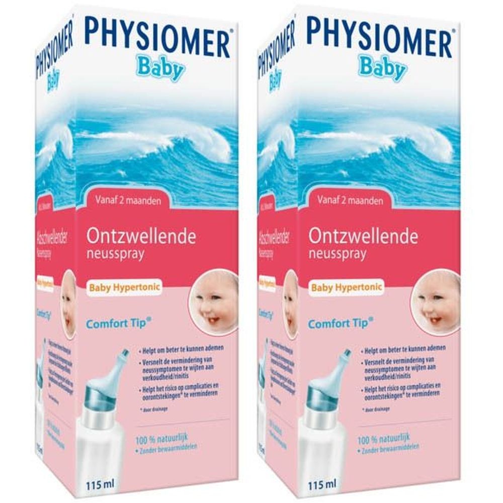 Deux boîtes de PHYSIOMER Baby spray nasal. Flacons blancs avec embout bleu. Étiquette rose avec informations et photo de bébé.