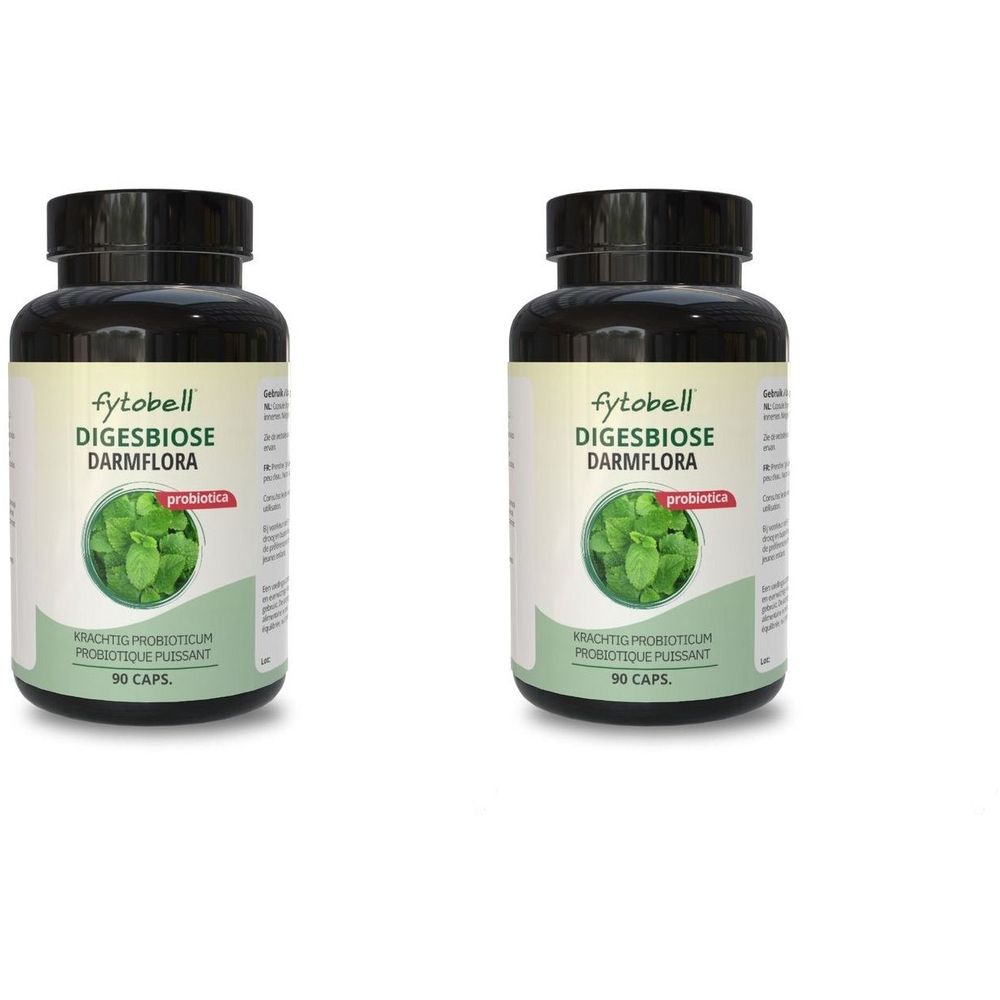 Deux flacons avec bouchon noir. Étiquette avec "fytobell DIGESBIOSE DARMFLORA". Image verte. Texte: "probiotica".
