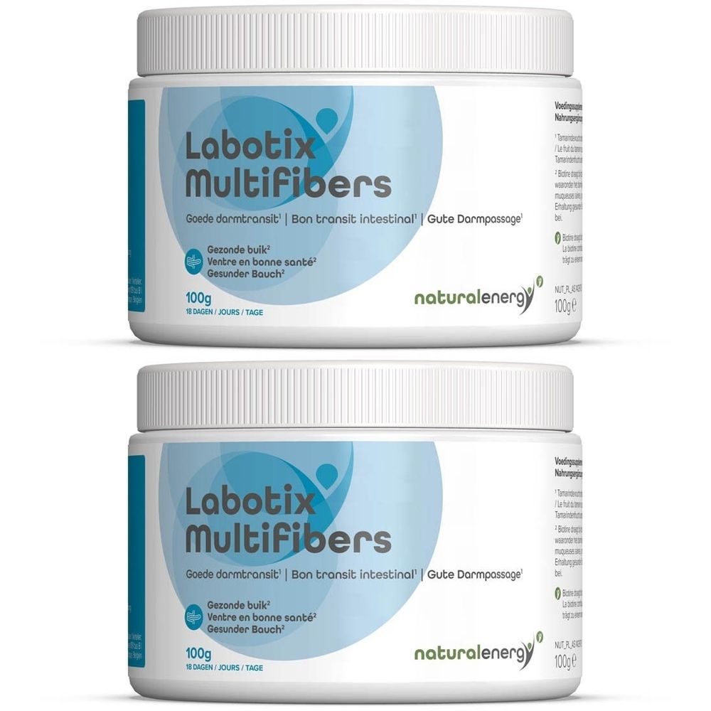 Deux pots blancs avec étiquette bleu et blanc. Inscription: Labotix Multifibers, 100g. Marque: naturalenergy.