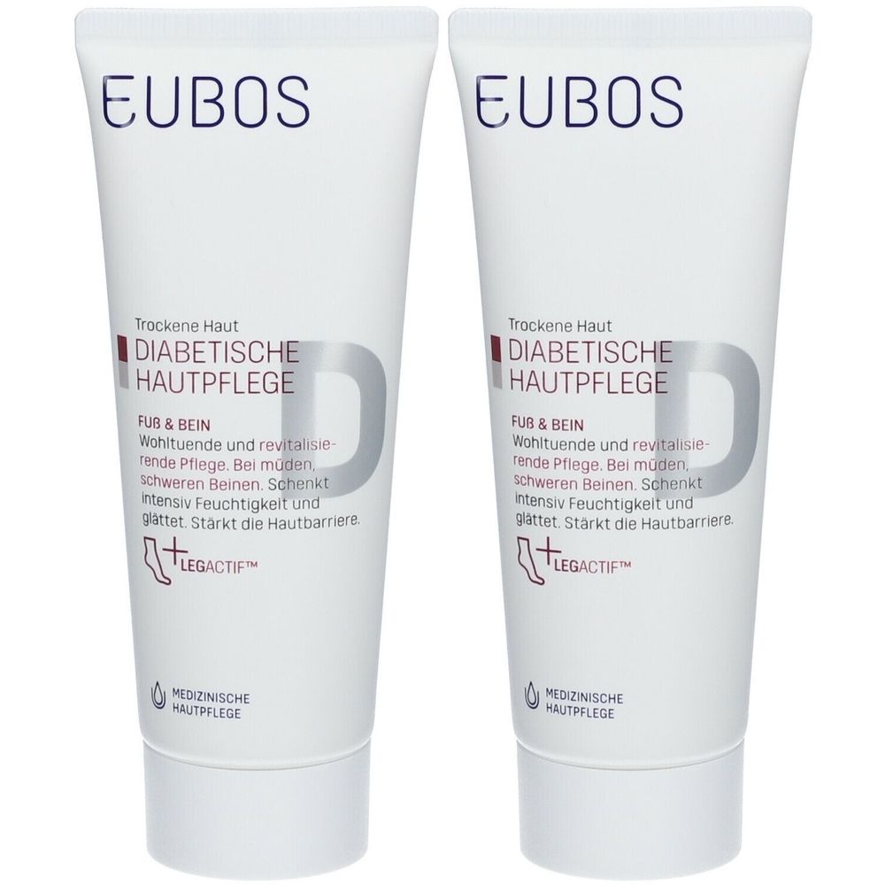 Deux tubes de EUBOS® MED DIABETES HAUTPFLEGE. Tubes blancs avec texte et logo. Texte: FUB & BEIN, LEGACITF, Medizinische Hautpflege.