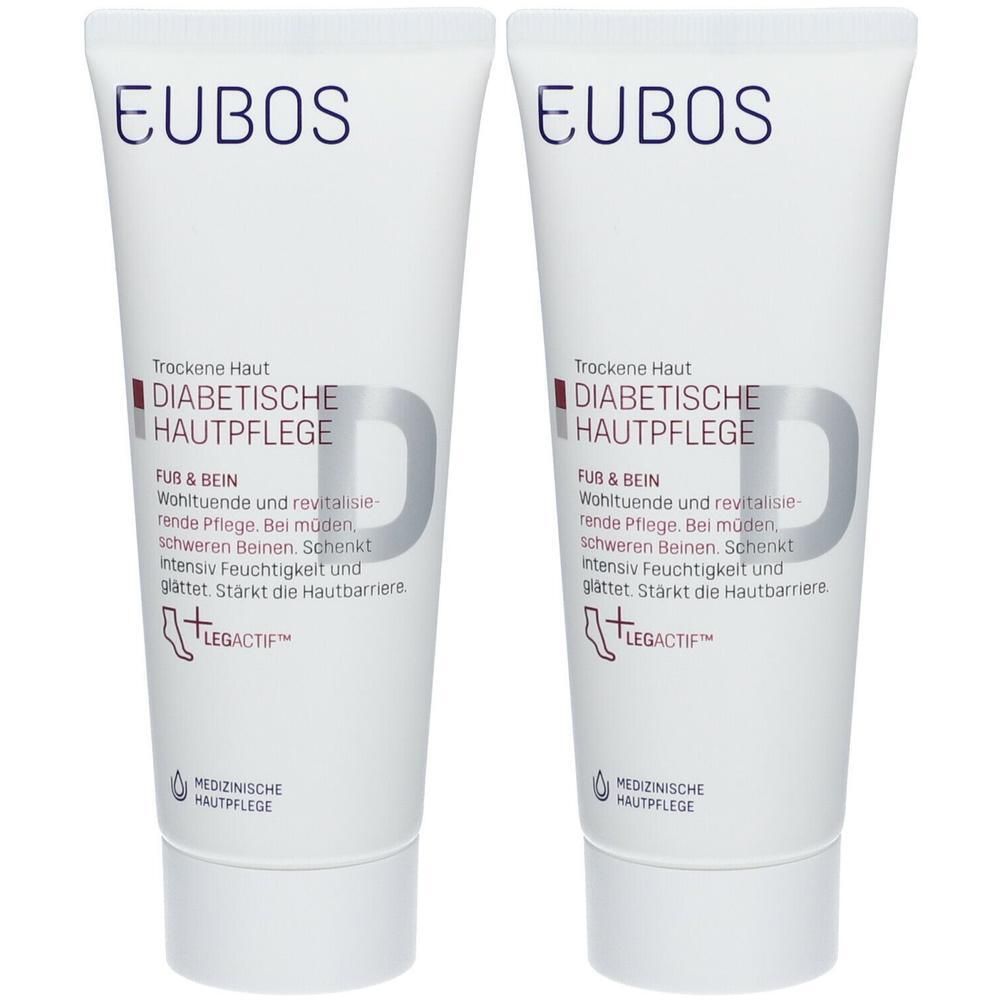 Deux tubes de EUBOS® MED DIABETES HAUTPFLEGE. Tubes blancs avec texte et logo. Texte: FUB & BEIN, LEGACITF, Medizinische Hautpflege.