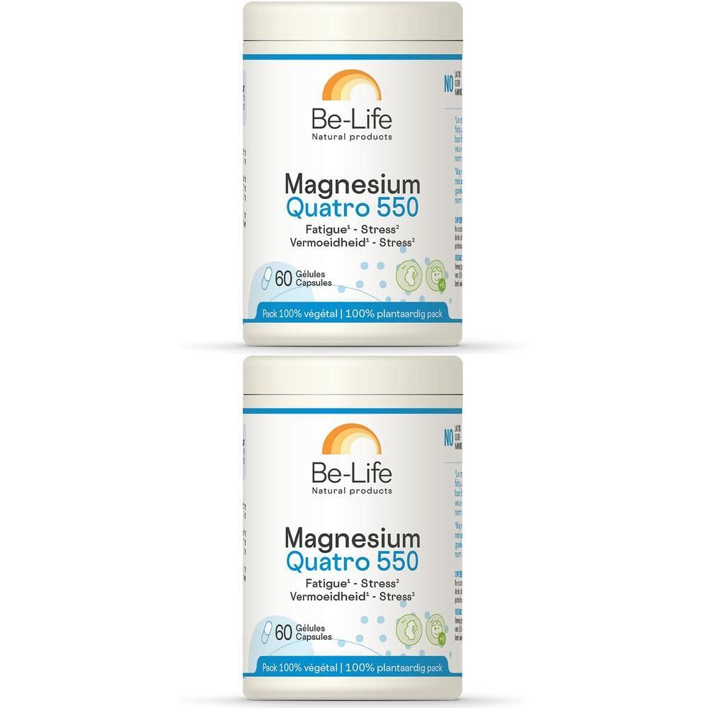 Deux boîtes blanches Be-Life Magnesium Quatro 550. Inscription: Magnesium Quatro 550, 60 gélules, 100% végétal.