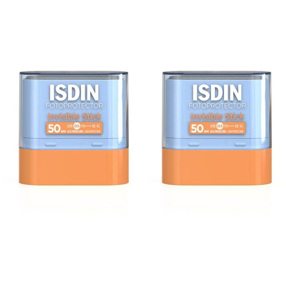 Deux sticks ISDIN Fotoprotector Invisible SPF50. Emballage bleu et orange, nom du produit et indice SPF visibles.