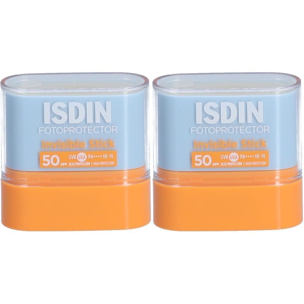 Deux sticks ISDIN Fotoprotector Invisible SPF50. Emballage bleu et orange, nom du produit et indice SPF visibles.