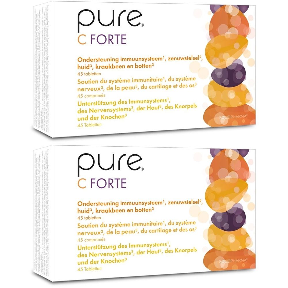 Deux boîtes de Pure C Forte. Emballage blanc avec nom du produit et illustrations de fruits. Texte multilingue.