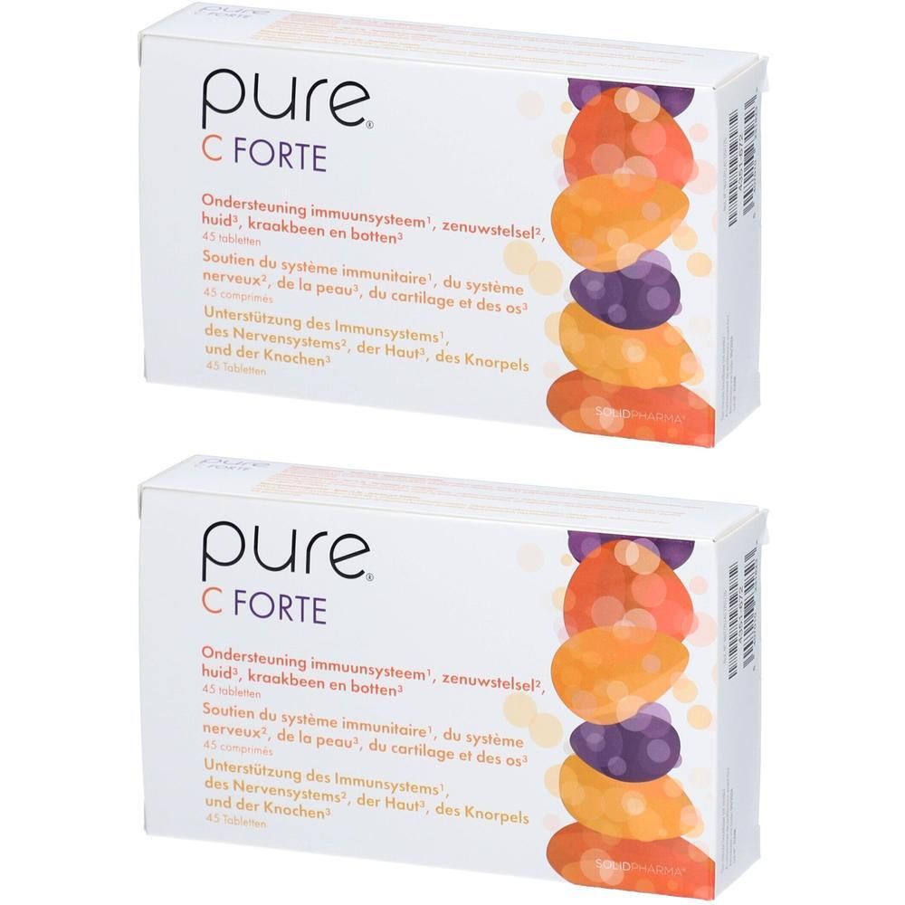 Deux boîtes de Pure C Forte. Emballage blanc avec nom du produit et illustrations de fruits. Texte multilingue.