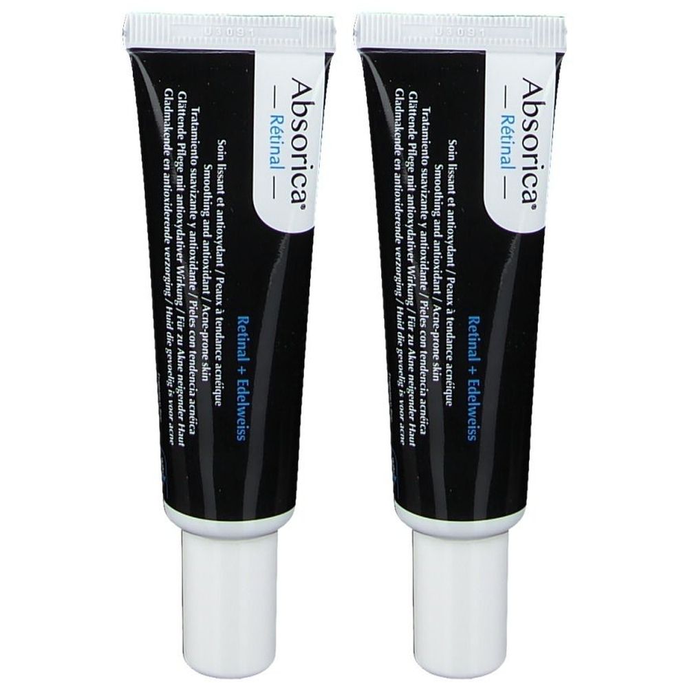 Deux tubes de Absorica Rétinal. Tubes noirs avec texte blanc. Nom du produit et ingrédients imprimés.