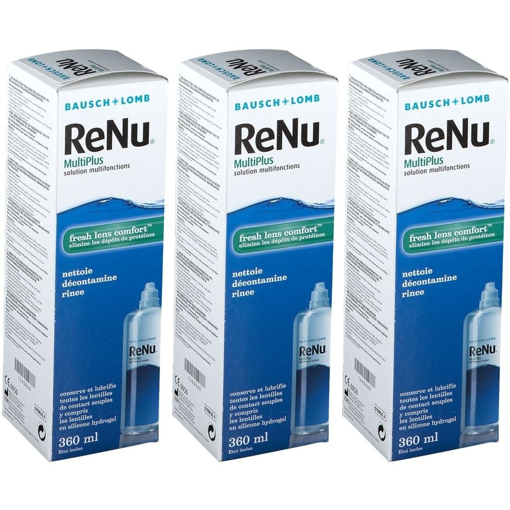 Trois boîtes de Bausch + Lomb ReNu MultiPlus. Inscription : fresh lens comfort, nettoie, décontamine, rince. Bouteille illustrée. Volume : 360 ml.
