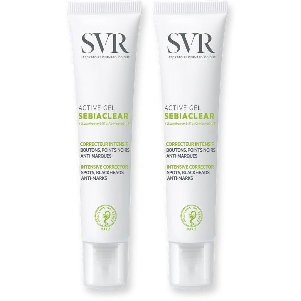 Deux tubes de SVR SEBIACLEAR Intensivpflege. Tubes blancs avec texte vert et noir. Logo et nom du produit.