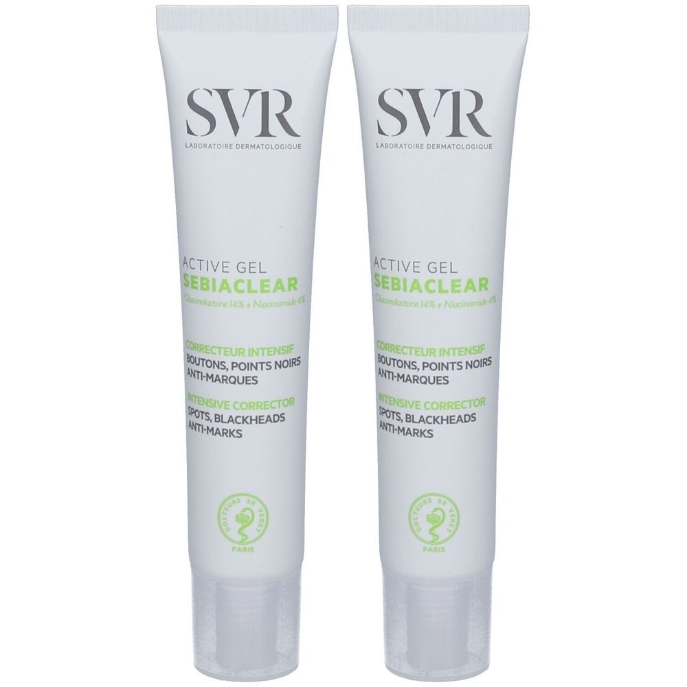 Deux tubes de SVR SEBIACLEAR Intensivpflege. Tubes blancs avec texte vert et noir. Logo et nom du produit.