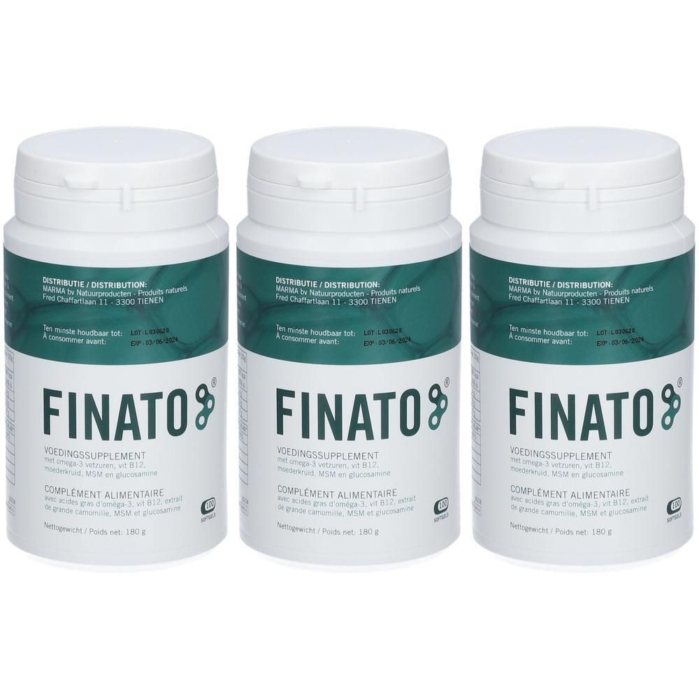 Trois flacons blancs avec étiquette verte. Inscription FINATO et autres textes. Bouchons à charnière.