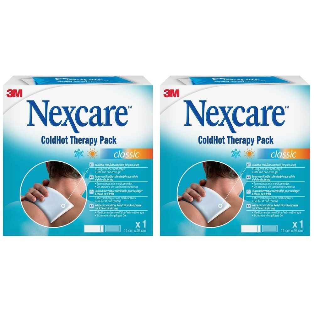 Deux boîtes de Nexcare ColdHot Therapy Pack. Emballage bleu avec image du produit et texte. Logo 3M en haut à gauche.