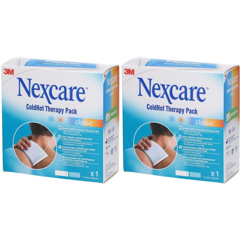 Deux boîtes de Nexcare ColdHot Therapy Pack. Emballage bleu avec image du produit et texte. Logo 3M en haut à gauche.