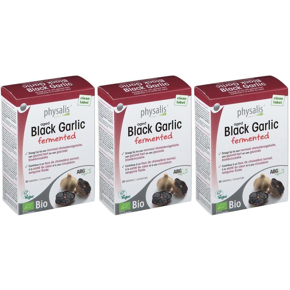 Trois boîtes de physalis® Black Garlic fermented. Emballage rouge et blanc avec image du produit et texte.