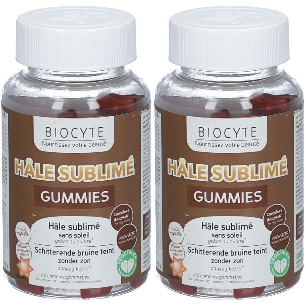 Deux flacons de BIOCYTE Hâle Sublime Gummies. Flacons transparents avec bouchons blancs et gummies bruns. Étiquette avec informations.
