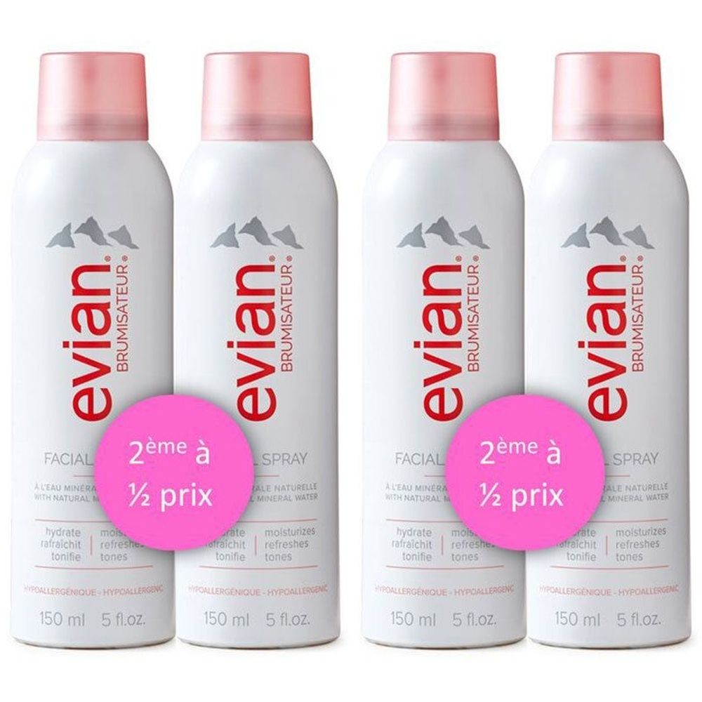 Quatre vaporisateurs Evian Brumisateur avec étiquettes roses. Texte: 2ème à ½ prix. Inscription: facial spray. Motif montagne.
