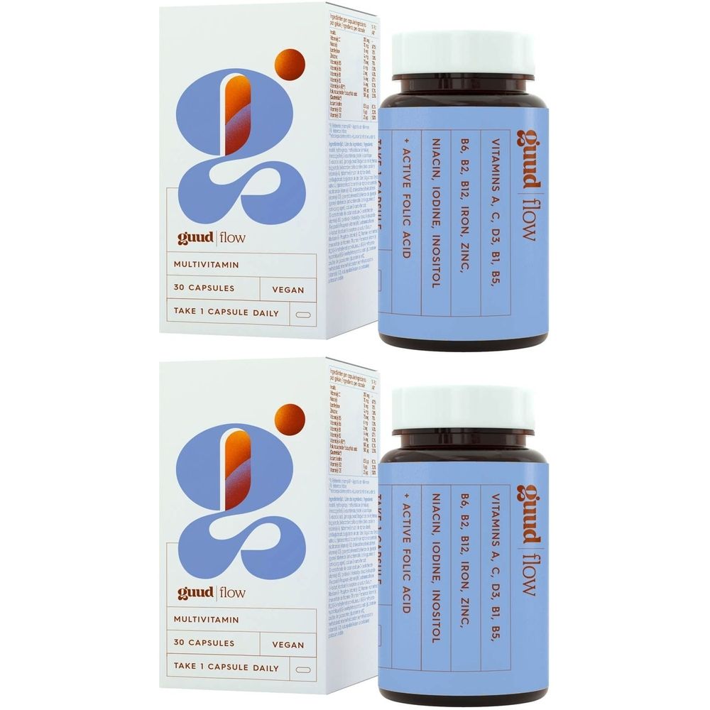 Deux flacons "guud flow" et "Multivitamin". Contient vitamines et minéraux. Deux boîtes avec logo.