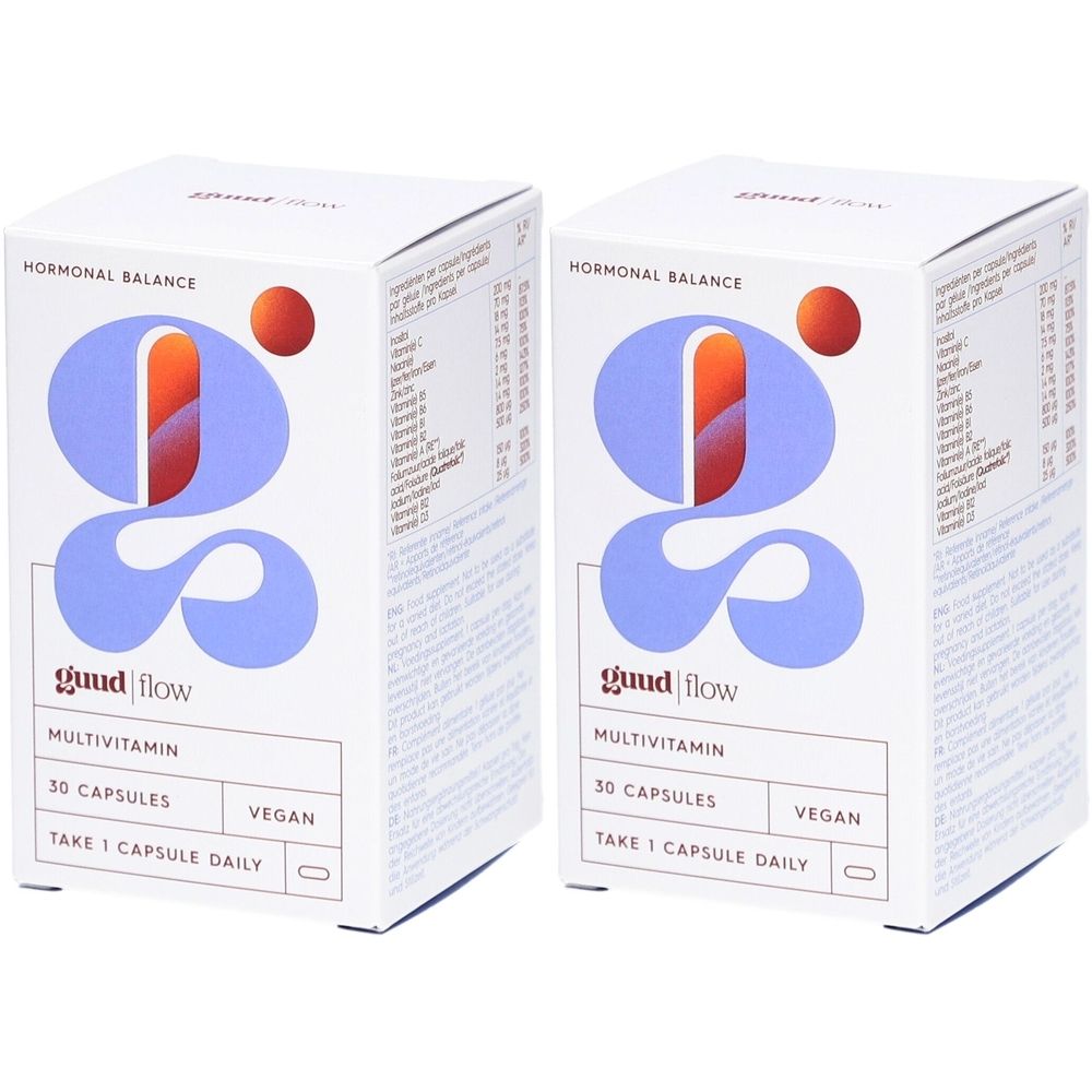 Deux boîtes blanches "guud flow", logo et texte "Multivitamin". 30 gélules, vegan. Équilibre hormonal.